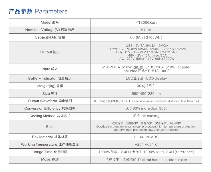 樱桃免费人成网站WWW拉箱式戶外電源YT3000Xpro參數